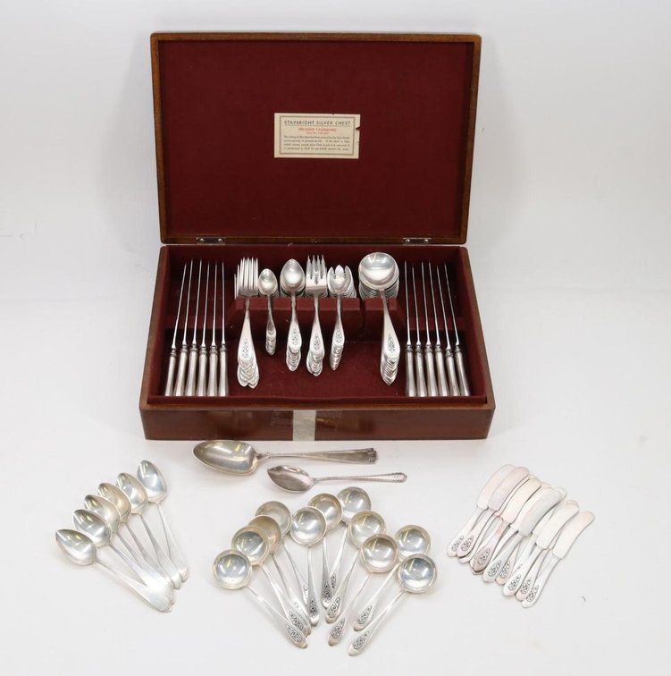 Dominic and Haff Sterling Silver Flatware Service, Pointed Antique