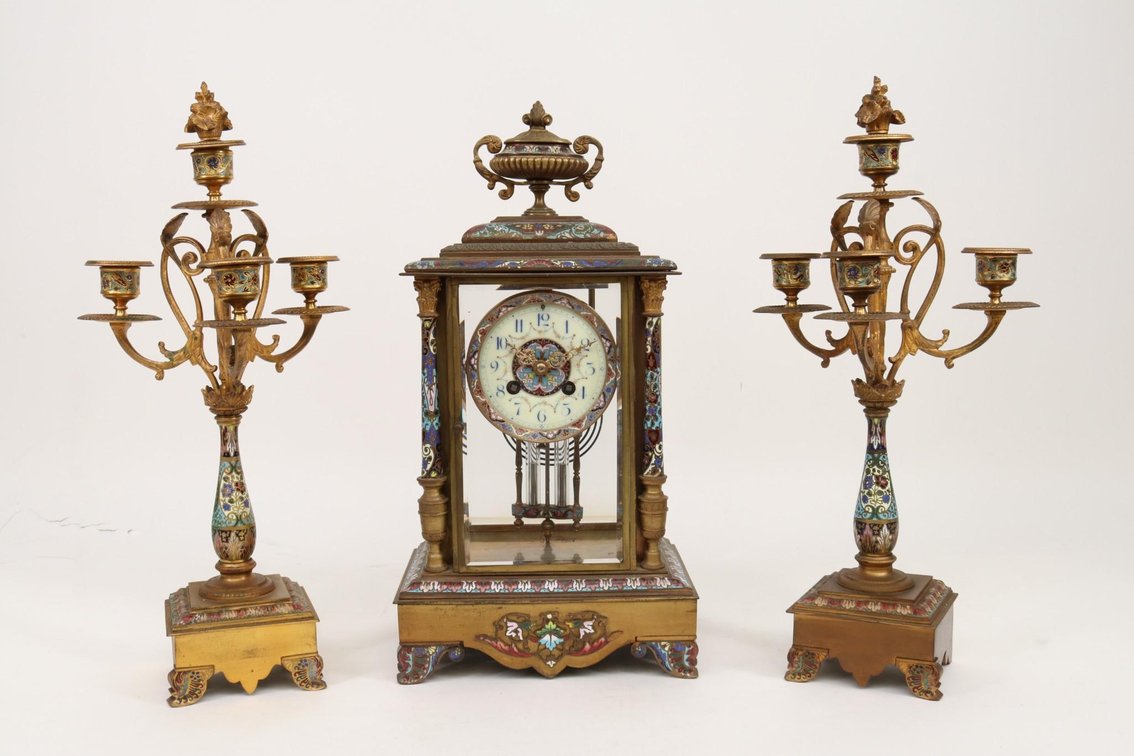 French Champleve Mantel Clock and Garnitures