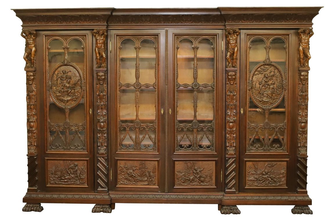 19th c. Monumental Carved Mahogany Bookcase