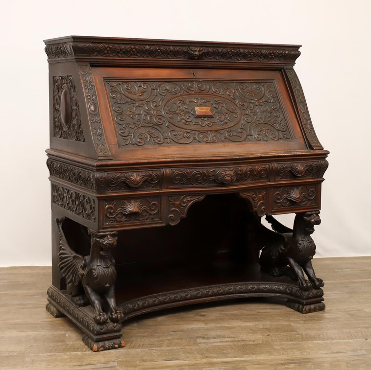 19th c. R. J. Horner Carved Griffin Slant Front Desk