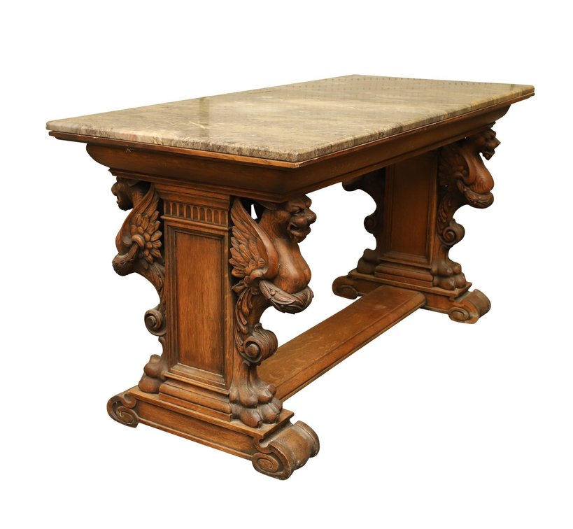 19th c. Carved Oak Griffin Trestle Table