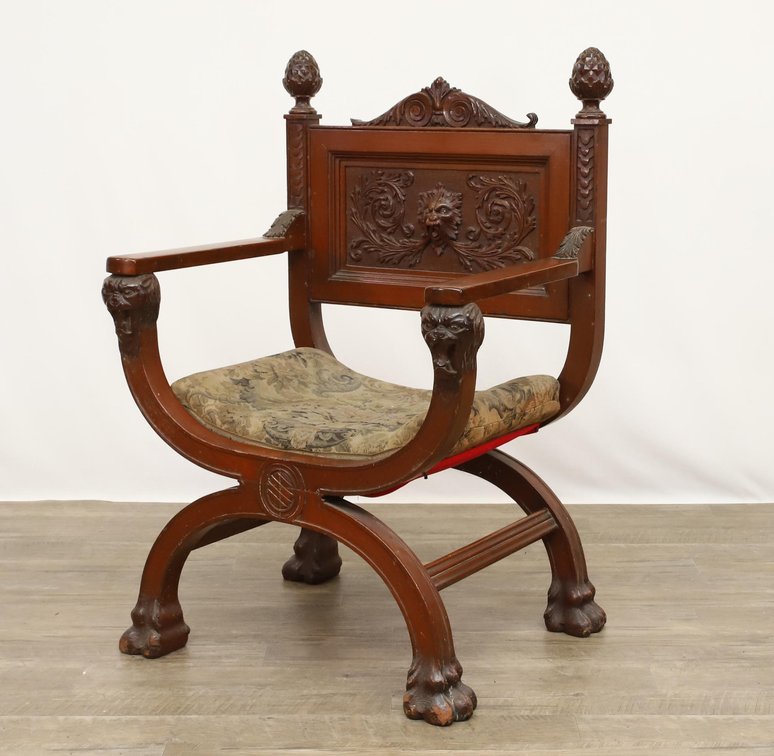 19th c. Carved Mahogany Savonarola Chair