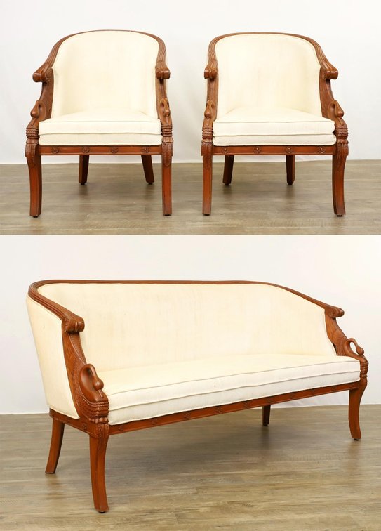 Carved Cherry Swan Motif Sofa and Chairs