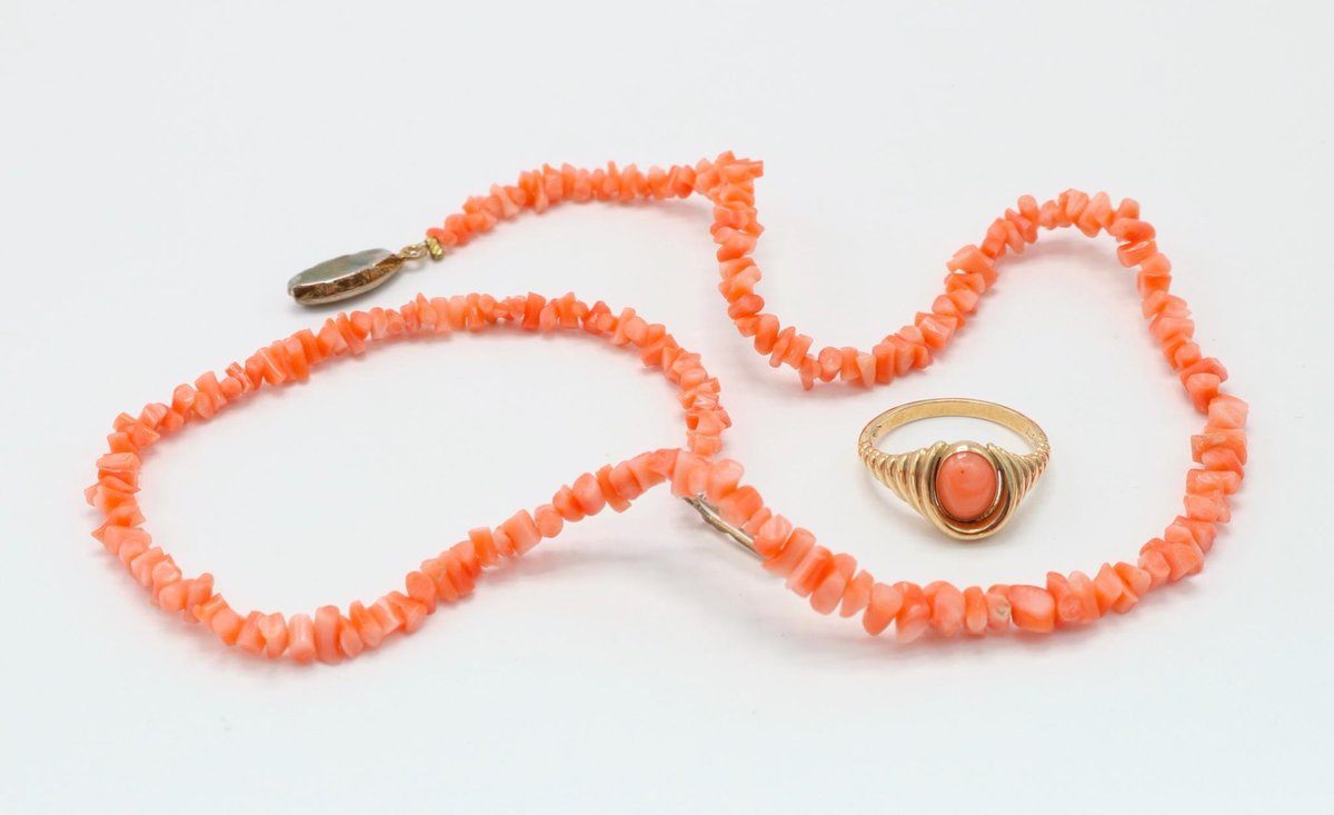14K Gold Coral Cabocheon Ring and Necklace