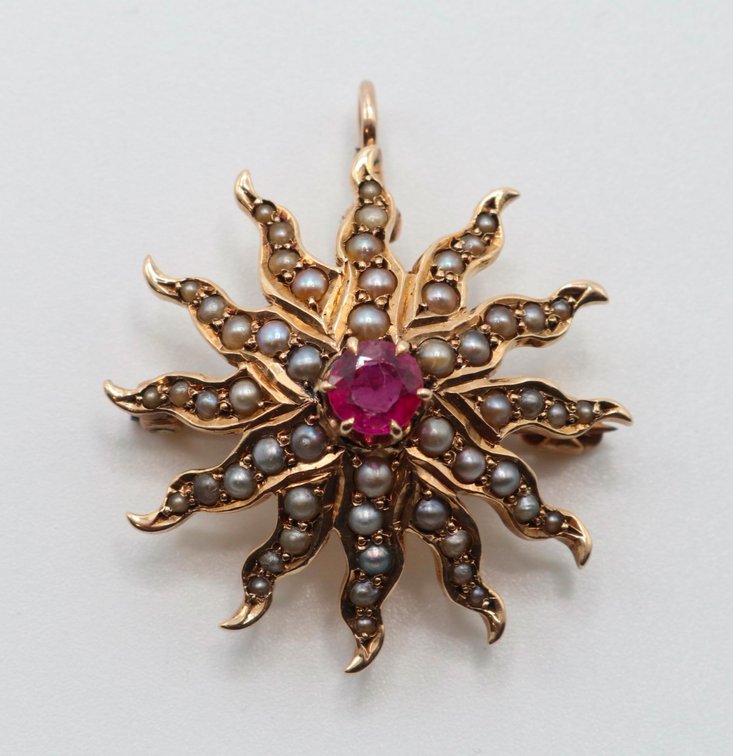 14k Gold, Seed Pearl and Ruby Pin/Pendant