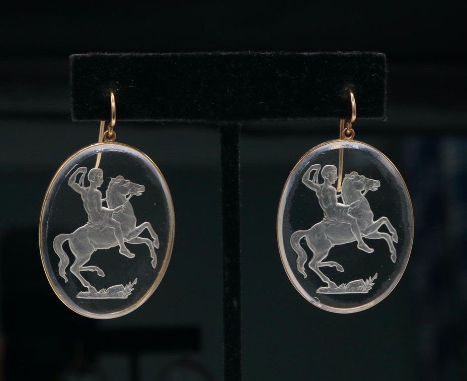 14k Gold and Crystal Intaglio Earrings