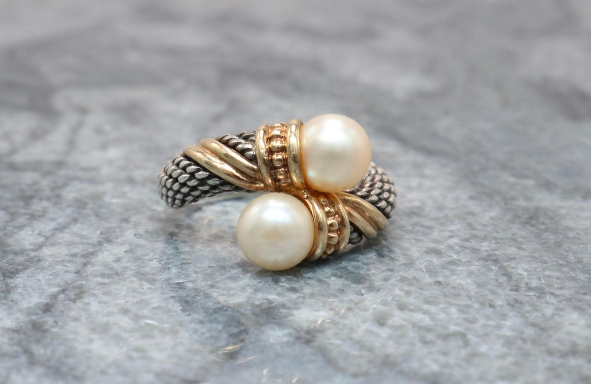 Sterling Silver, 14k Gold and Pearl Ring 