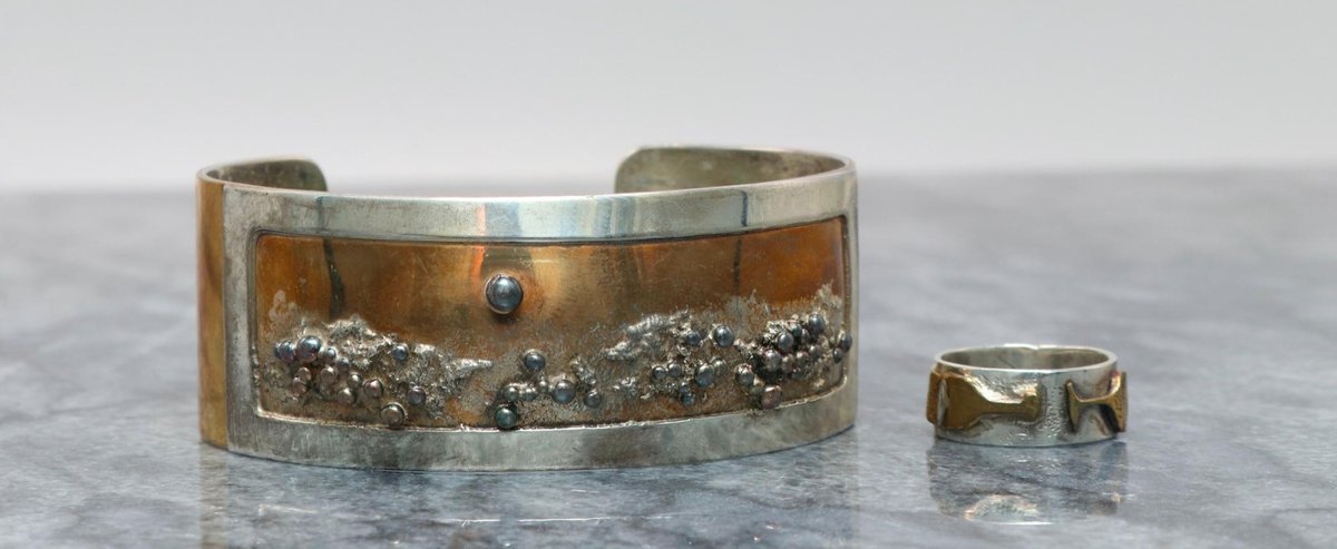 Sterling and Bronze Handcrafted Ring and Cuff Bracelet 
