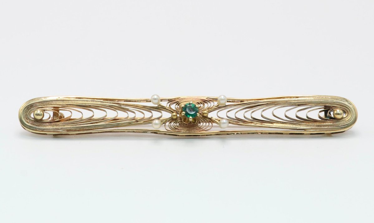 14k Gold, Green Tourmaline and Seed Pearl Bar Pin