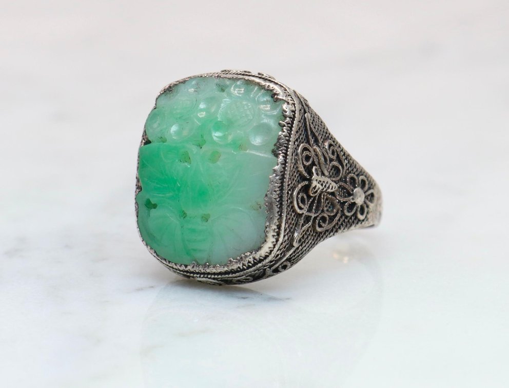 Sterling and Carved Jade Ring
