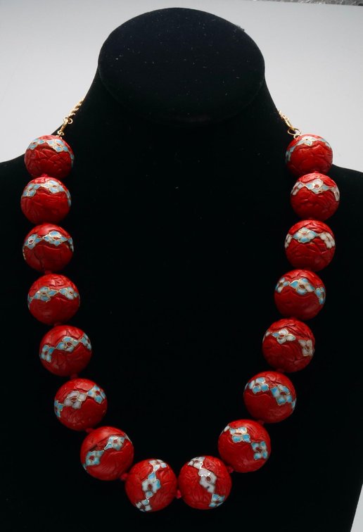 Cinnabar and Enamel Beaded Necklace