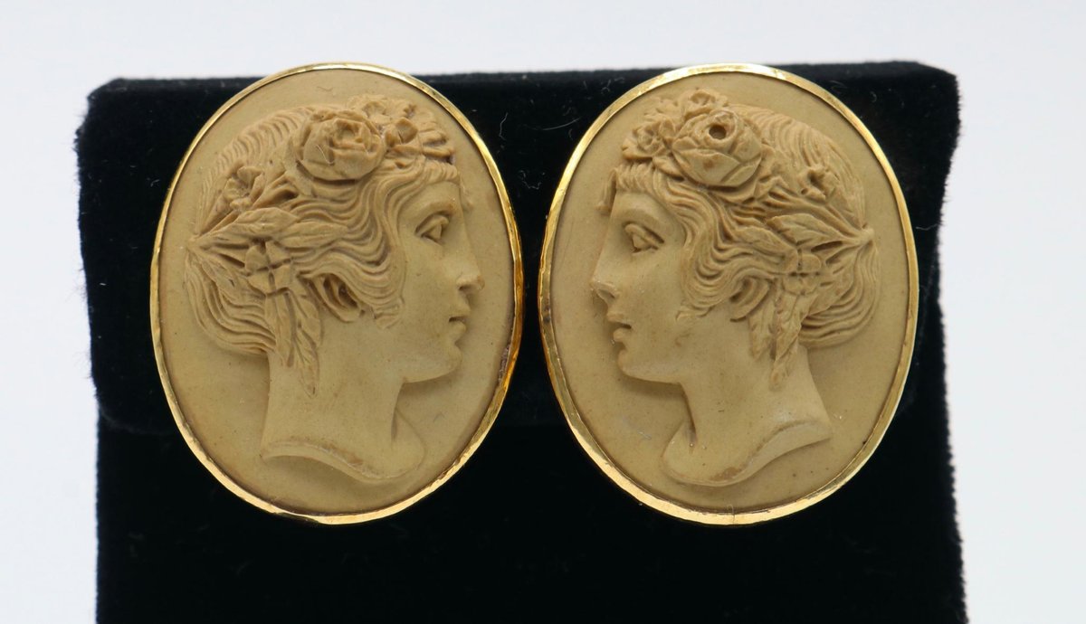 14K Gold and Lava Cameo Earrings