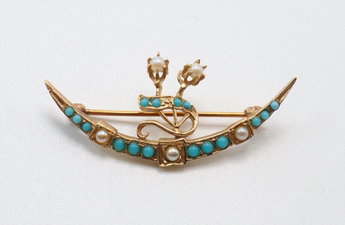 14K Gold, Seed Pearl and Turquoise Pin