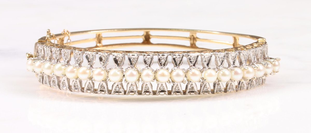 14KY Gold Pearl and Diamond Bracelet