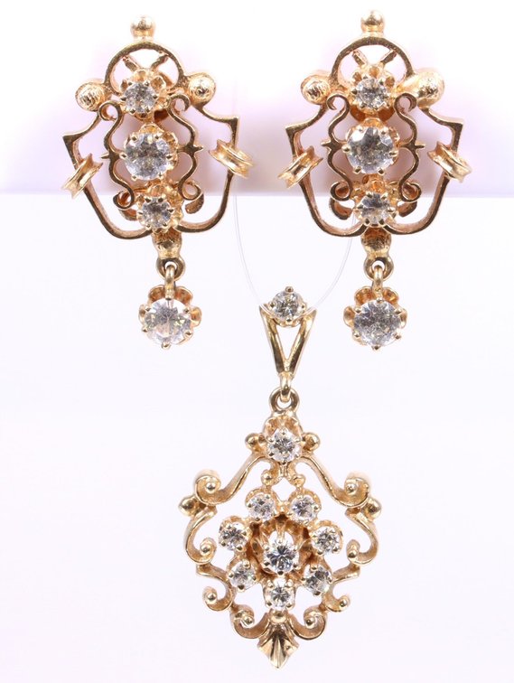 14KY Gold Diamond Pendant, Spinel Earrings