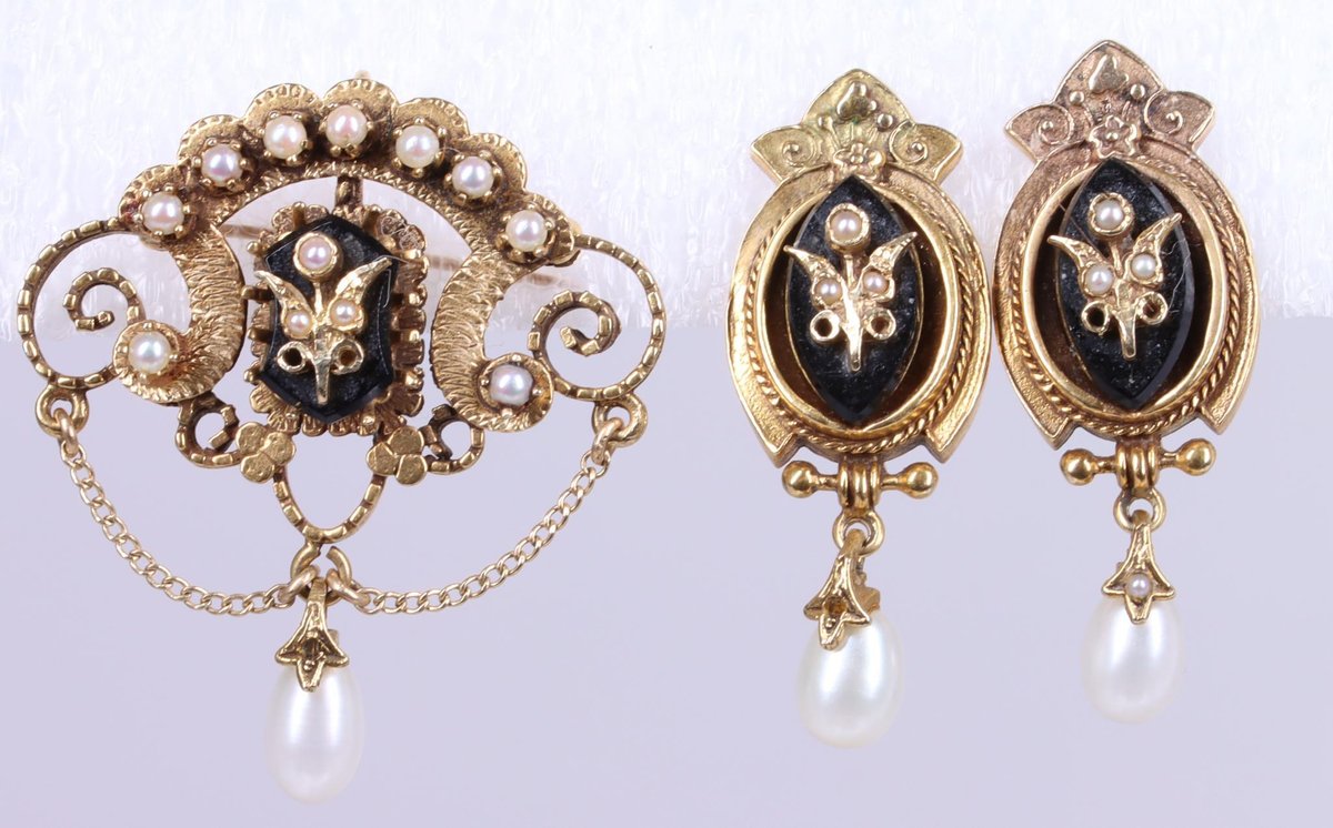 14KY Gold Onyx, Pearl, Pin Pendant, Earrings