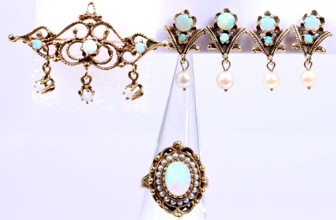 14KY Gold Opal and Pearl Ring, Pin, Earrings