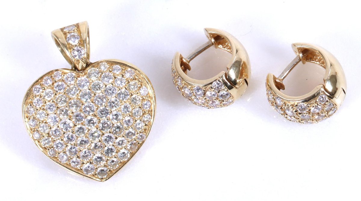 14KY Gold Diamond Earrings, Heart Pendant