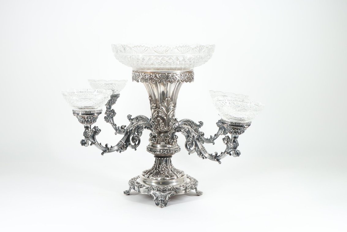 Old Sheffield Plate Epergne with Cut Crystal Bowls