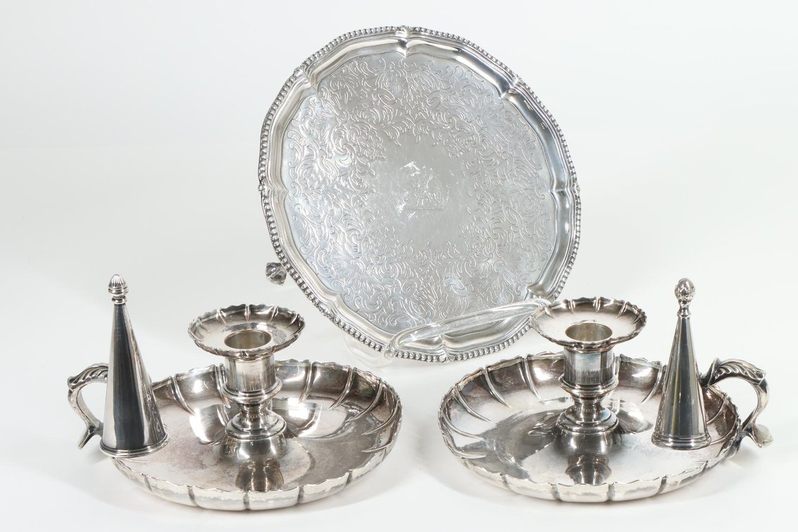 Old Sheffield Plate Chambersticks & Salver