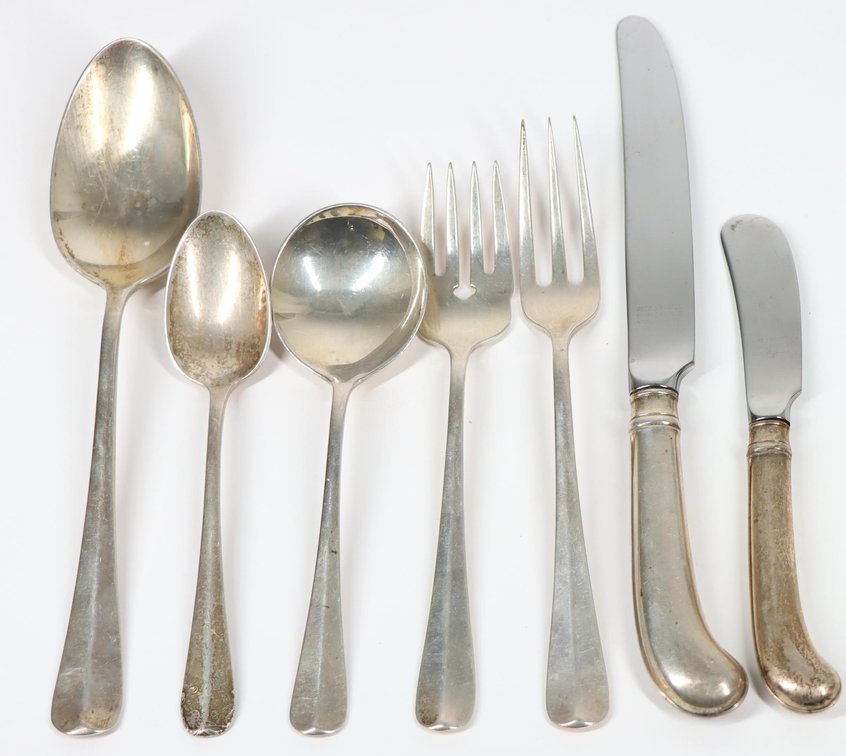 Dominick & Haff "Ribbed Antique" Sterling Silver Flatware Service for 8 with Extras