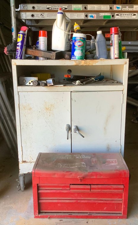 Cabinet, Tool Box, and Contents