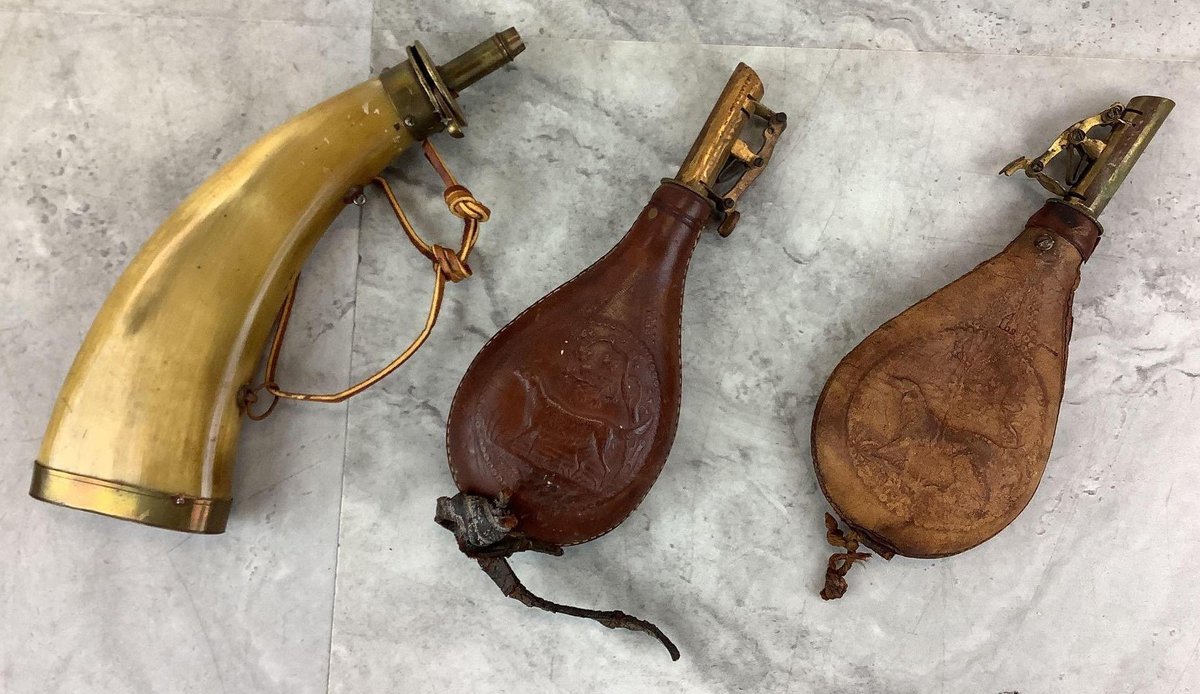 Antique Horn Powder Flask And Shot Flasks