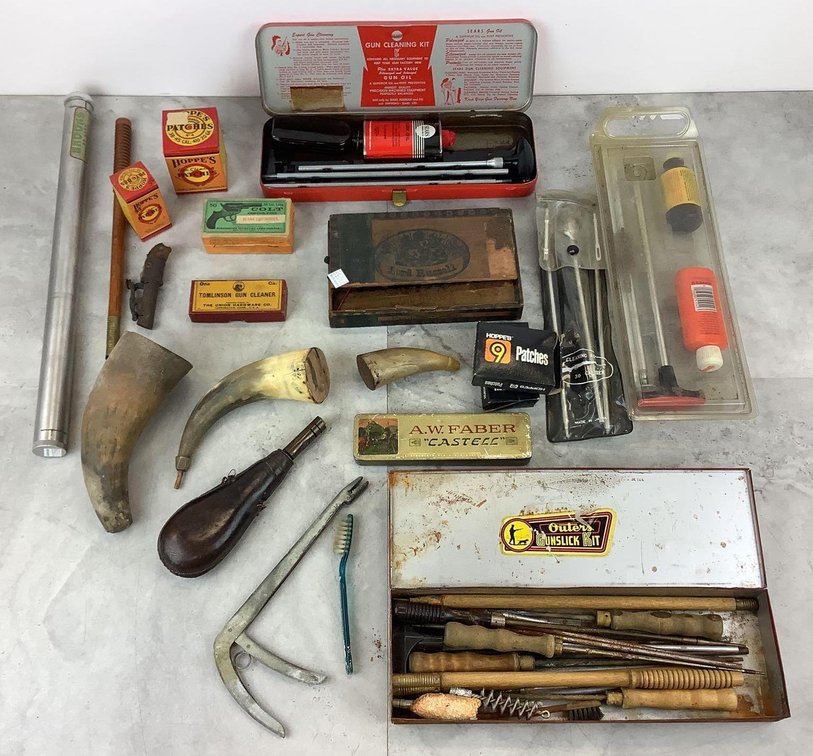 Antique Powder Horns, Gun Cleaning Kits and Supplies