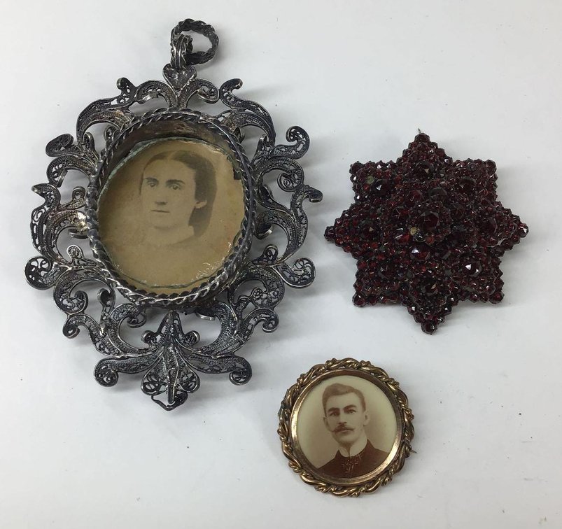 Bohemian Glass Brooch, Picture Frame and Pendant 