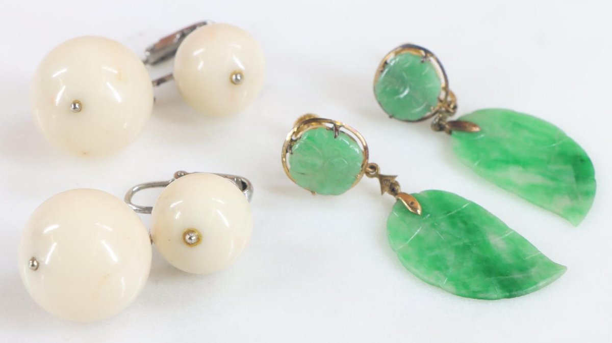 14K Gold Jade, Coral Earrings