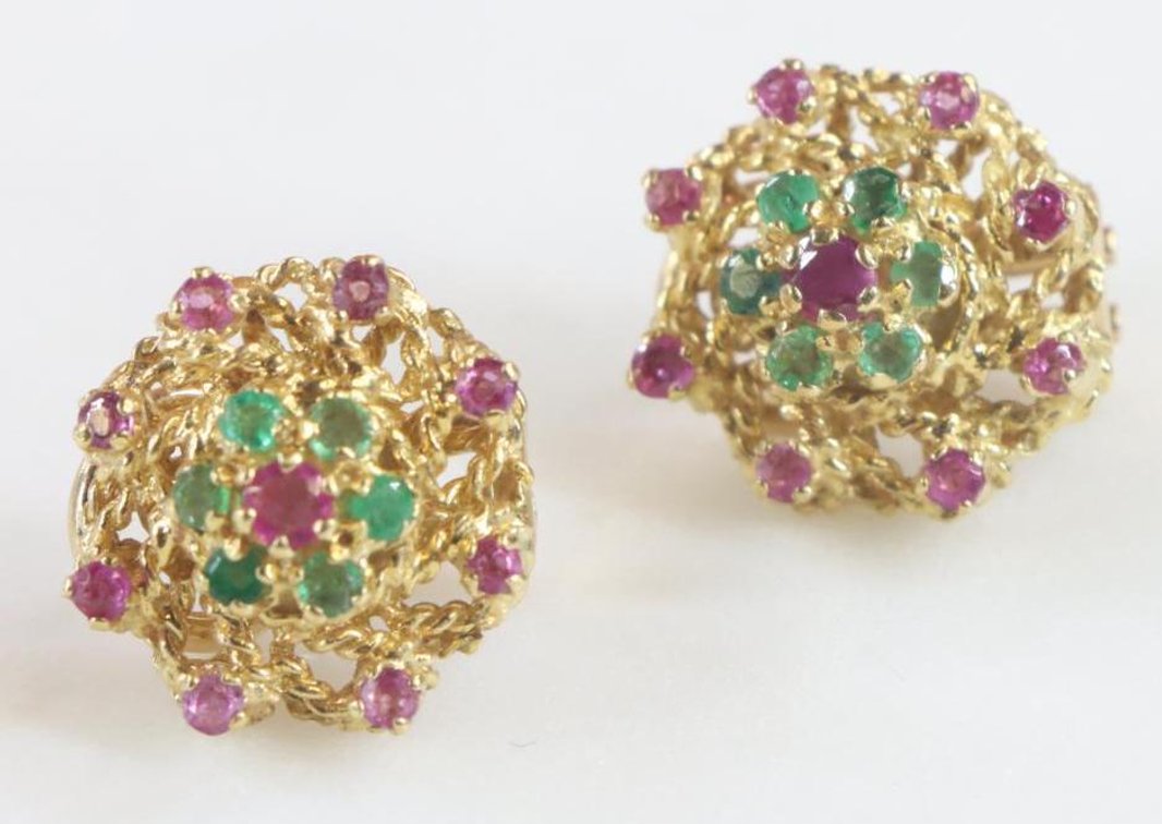 18KY Gold Ruby and Emerald Earrings