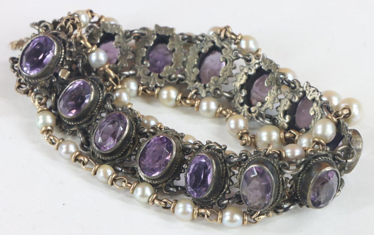 14KY Gold, Silver, Amethyst and Pearl Bracelet