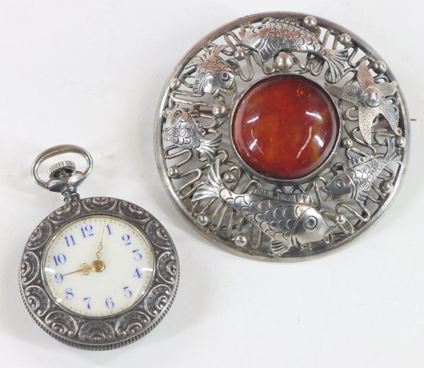 Silver Pocket Watch, Pin with Nautical Themes