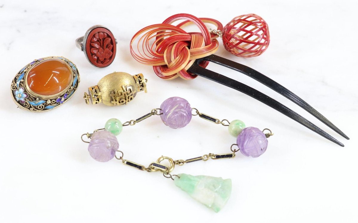 Chinese, Silver, Carnelian,  Enamel, Cinnabar, Amethyst, Jade, Bracelet, Ring, Pin, Comb, Dangle