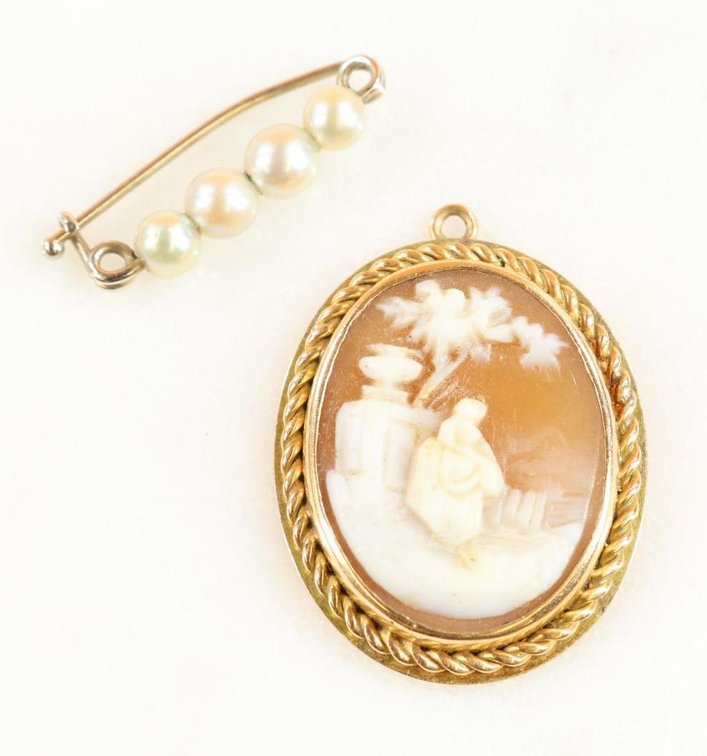 14K Gold, Cameo, Pearl, Pendant, Pin
