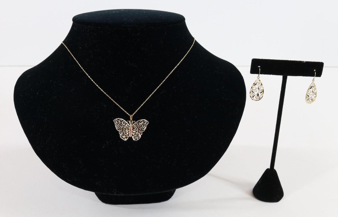 Gold Butterfly Pendant on Chain, Earrings