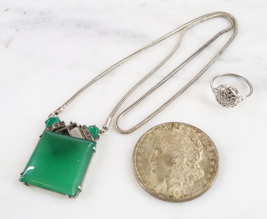 Sterling Silver, Art Deco, Marcasite, Topaz, Coin, Necklace, Ring