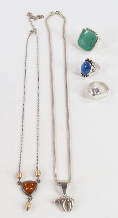 Sterling Silver, Turquoise, Lapis, Amber, Zuni Bear Necklace, Pendant, Chain, Rings