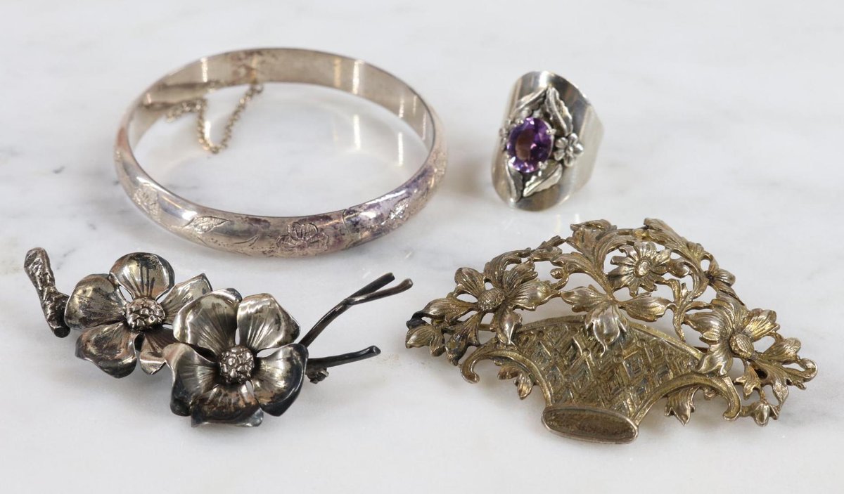 Sterling Silver Floral Bracelet, Pins, Ring