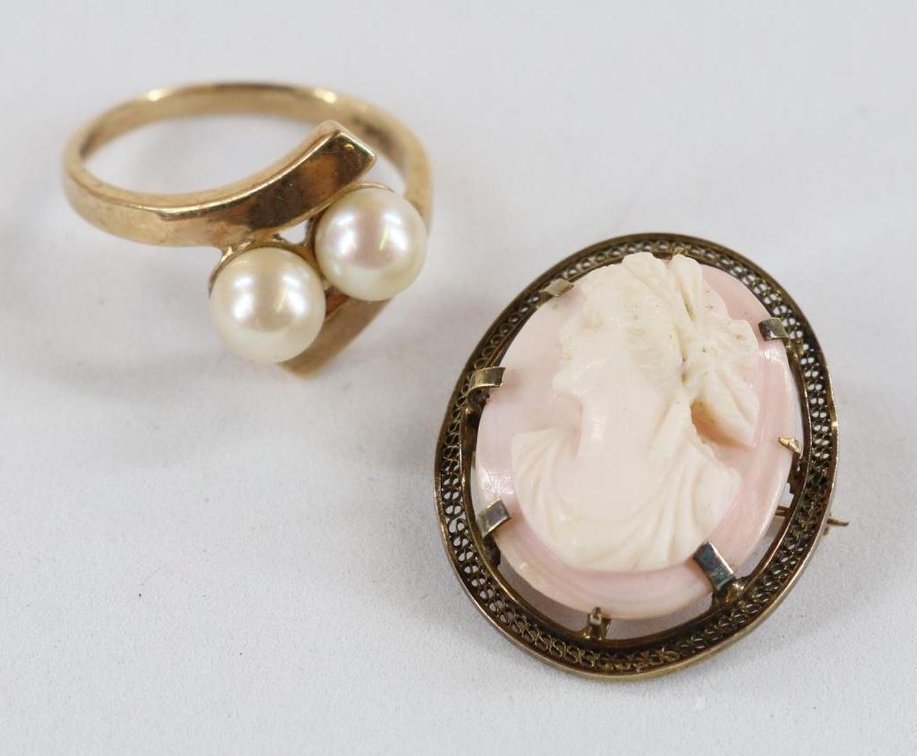 10KY Gold, Pearl, Cameo, Ring, Pin