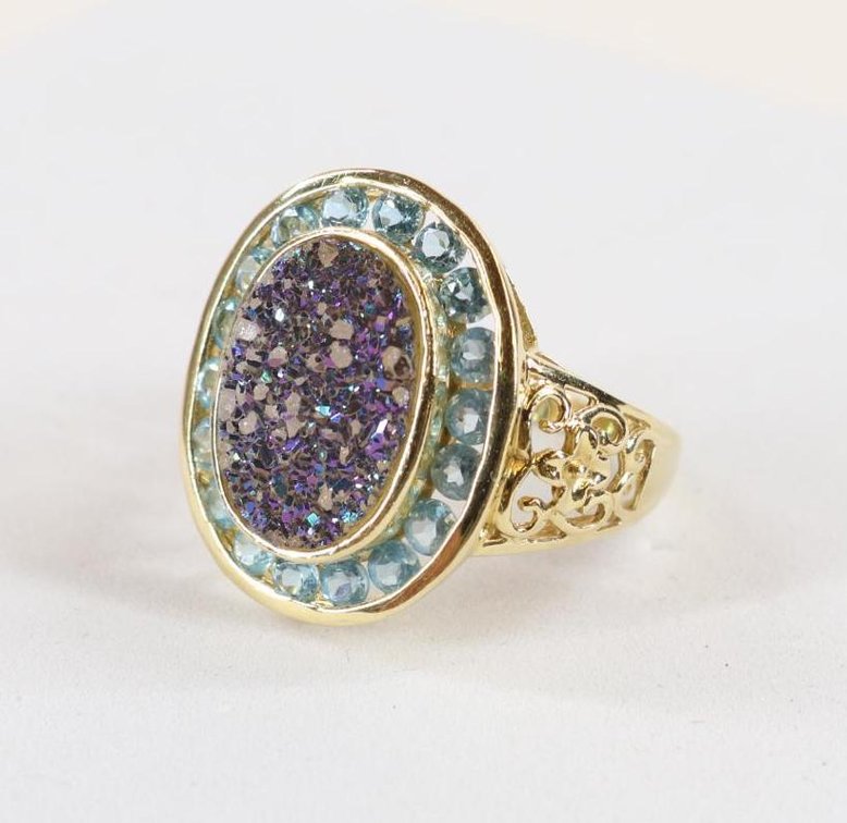 14KY Gold Druzy and Blue Topaz Ring