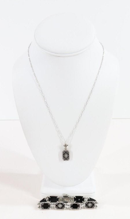 Sterling Silver, Diamond, Onyx Pendant, Bracelet