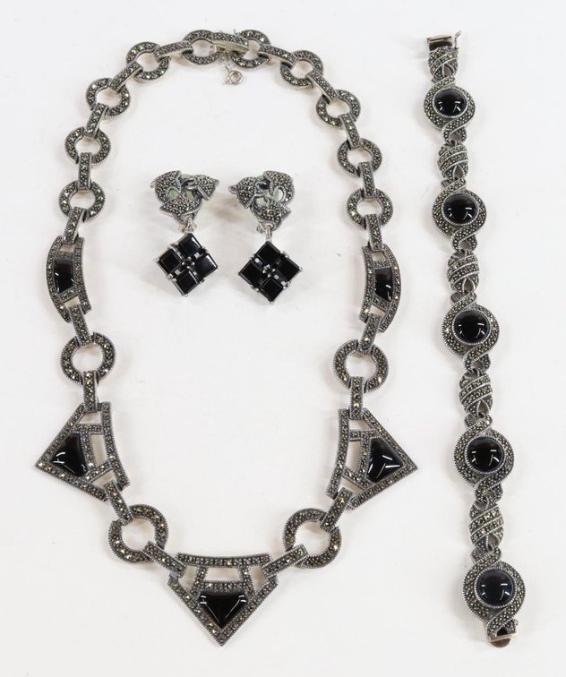 Sterling Silver Marcasite, Onyx Necklace, Bracelet, Earrings