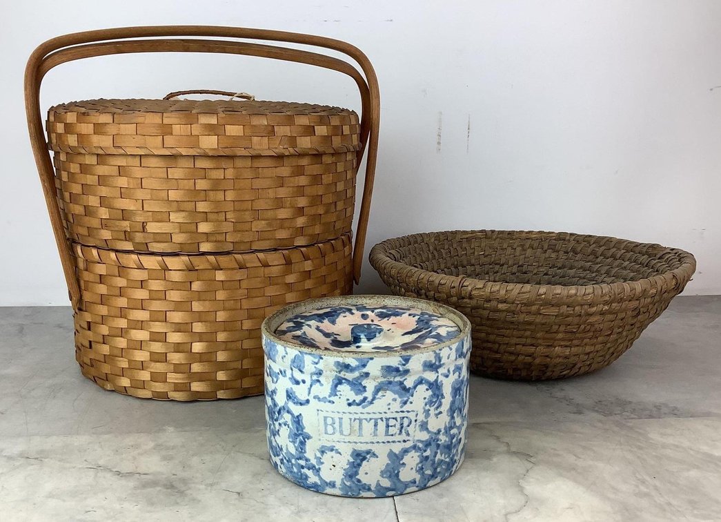 Double Pie Basket, Primitive Basket & Butter Crock