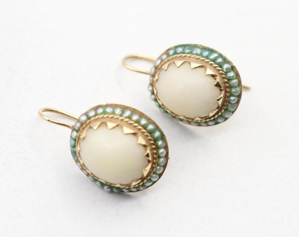 14KY Gold, Cabochon and Seed Pearl Earrings