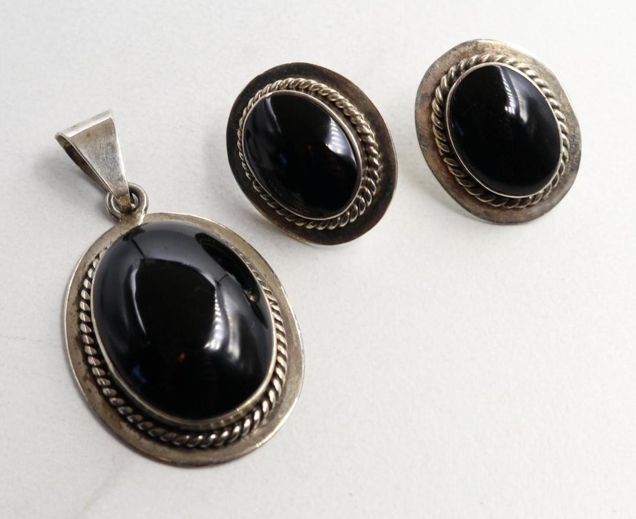 Sterling Silver Onyx Pendant, Earrings