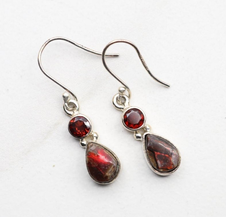 Sterling Silver Ammolite and Garnet Earrings