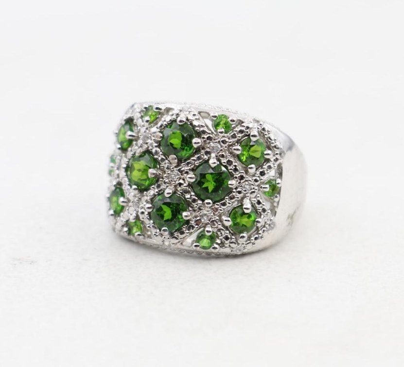 Sterling Silver Chrome Diopside  White Zircon Ring