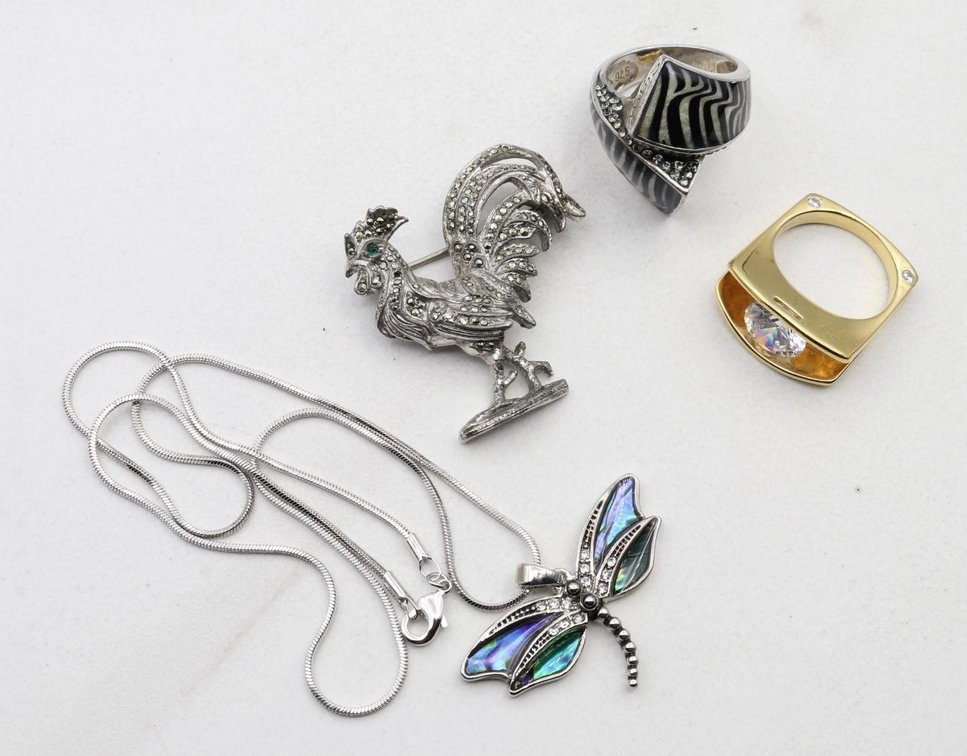 Sterling Silver, Costume, Marcasite, Sigal, Pendant on Chain, Pin, Rings
