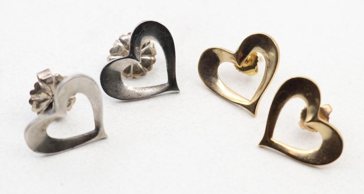 14KY Gold, Sterling Silver Heart Earrings